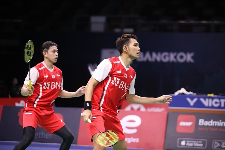 Fajar Alfian/Muhammad Rian Ardianto saat bertanding di Piala Thomas 2022 melawan Korea Selatan di Bangkok, Thailand, Rabu (11/5/2022). 