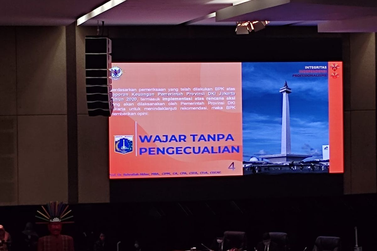 Pembacaan Laporan Hasil Pemeriksaan (LPH) laporan keuangan daerah Provinsi DKI Jakarta tahun 2020 oleh Badan Pemeriksa Keuangan (BPK) di Ruang Rapat Paripurna DPRD DKI Jakarta, Senin (31/5/2021)