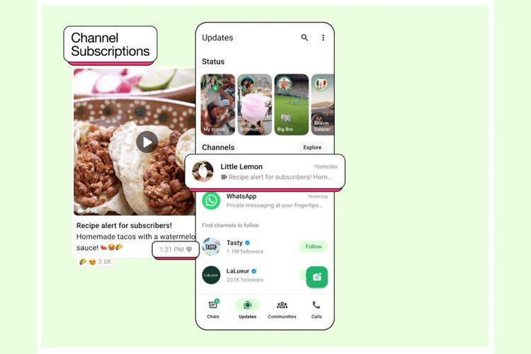 Tampilan dan demo singkat mengenai cara kerja dari fitur baru langganan Saluran di WhatsApp