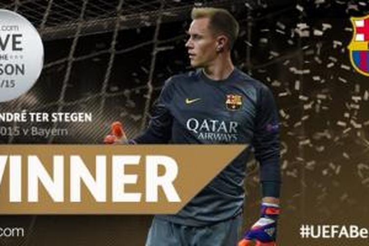 UEFA mengumumkan penghargaan Penyelamatan Terbaik 2014-2015 jatuh ke tangan Marc-Andre ter Stegen.