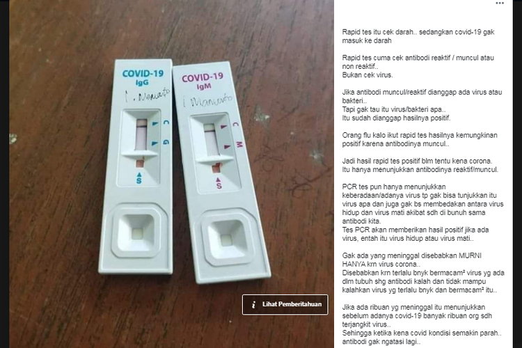 Informasi viral mengenai tes PCR dan rapid test. Ada yang perlu diluruskan mengenai informasi ini.