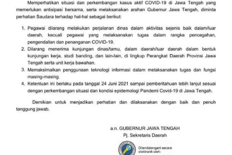 (SE) terkait larangan perjalanan dinas dan pertemuan langsung bagi seluruh pegawai di lingkungan Provinsi Jawa Tengah