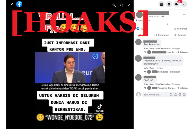 Tangkapan layar unggahan hoaks di sebuah akun Facebook, yang menyebut bahwa WHO meminta agar vaksinasi di seluruh dunia dihapuskan.