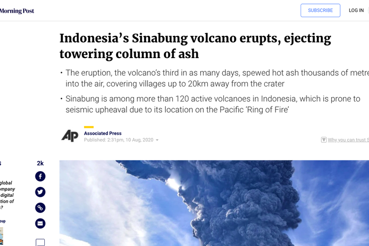 Tangkapan layar headline South China Morning Post tentang erupsi Gunung Sinabung hari ini, 10 Agustus 2020