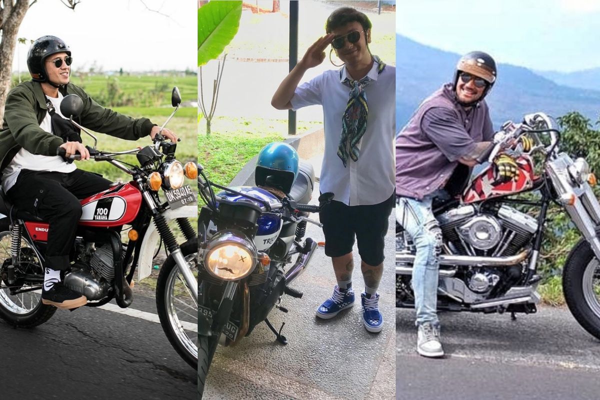 Tarra Budiman, Dimas Anggara, dan Tora Sudiro dengan moge mereka.