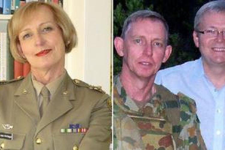 Letnan Kolonel Cate McGregor (kiri). Dia dulu dikenal sebagai Letnan Kolonel Malcolm McGregor (pada foto di sebelah kanan ketika bersama mantan Perdana Menteri Australia Kevin Rudd.