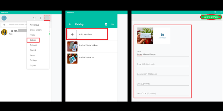 Langkah-langkah menambahkan item produk atau layanan ke katalog melalui aplikasi WhatsApp desktop.