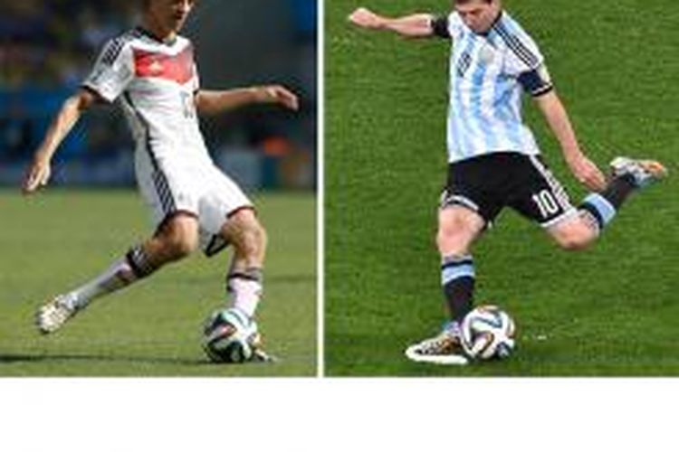 Kombinasi foto yang memperlihatkan penyerang Jerman, Thomas Mueller (kiri) menendang bola dalam laga perempat final Piala Dunia 2014 melawan Perancis di Maracana Stadium di Rio de Janeiro pada 4 Juli 2014 dan kapten sekaligus penyerang Argentina, Lionel Messi, dalam laga semifinal melawan Belanda di The Corinthians Arena di Sao Paulo pada 9 Juli 2014.