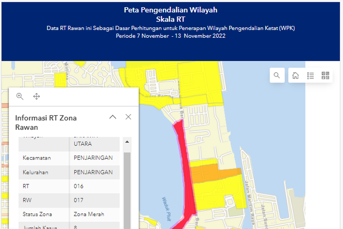 Tangkapan layar salah satu zona merah corona di Jakarta Utara pada Minggu (13/11/2022).