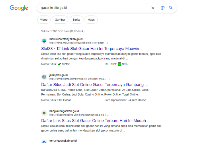 Hasil percobaan pencarian Kompas.com pada Rabu (23/8/2023) pagi untuk mengetahui situs pemerintah yang mengandung konten judi online.