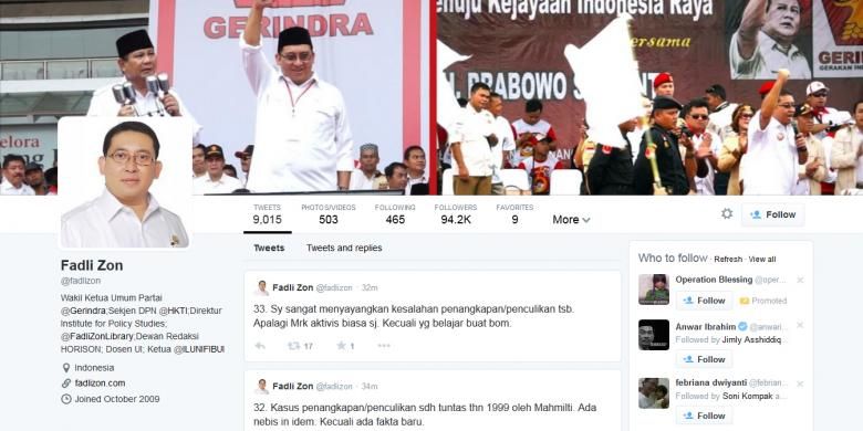 Halaman akun Twitter milik Wakil Ketua Umum Partai Gerindra Fadli Zon