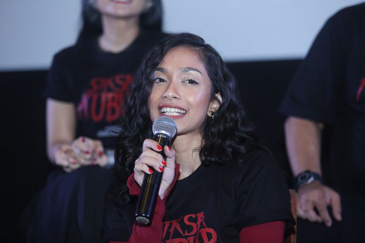 Aktris Faradina Mufti dalam konferensi pers film Siksa Kubur di Epicentrum XXI, Kuningan, Jakarta Selatan, Rabu (13/3/2024).