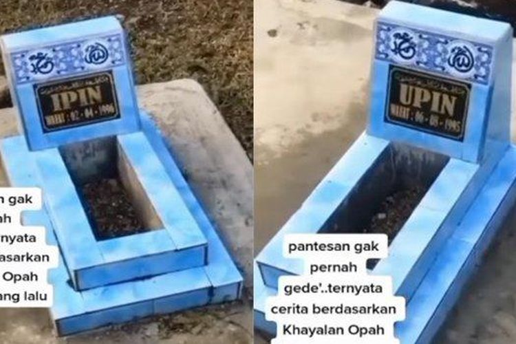 Video memperlihatkan dua makam dengan batu nisan bertuliskan Upin dan Ipin viral di media sosial. 
