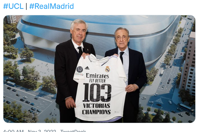Carlo Ancelotti menjadi pelatih dengan kemenangan terbanyak (103) di Liga Champions melewati rekor Sir Alex Ferguson (102). (tangkapan layar akun Twitter resmi Real Madrid). 