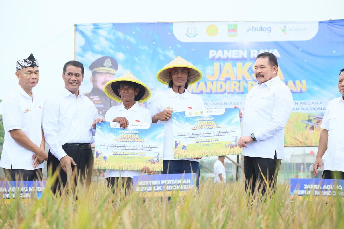 Menteri Pertanian (Mentan) Andi Amran Sulaiman bersama Jaksa Agung ST Burhanuddin dalam kegiatan Panen Raya Padi di Desa Srimahi, Kecamatan Tambun Utara, Kabupaten Bekasi, Selasa (19/8/2025).
