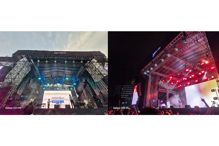 Suasana panggung Joyland Fest 2023 saat di langit masih terang dan sudah gelap. Foto yang dipotret menggunakan kamera utama 50 MP (f/1.8) dari Samsung Galaxy S23 FE