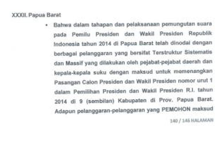 Surat gugatan tim hukum pasangan Prabowo-Hatta yang diajukan ke Mahkamah Konstitusi yang diunggah di situs Mahkamah Konstitusi.
