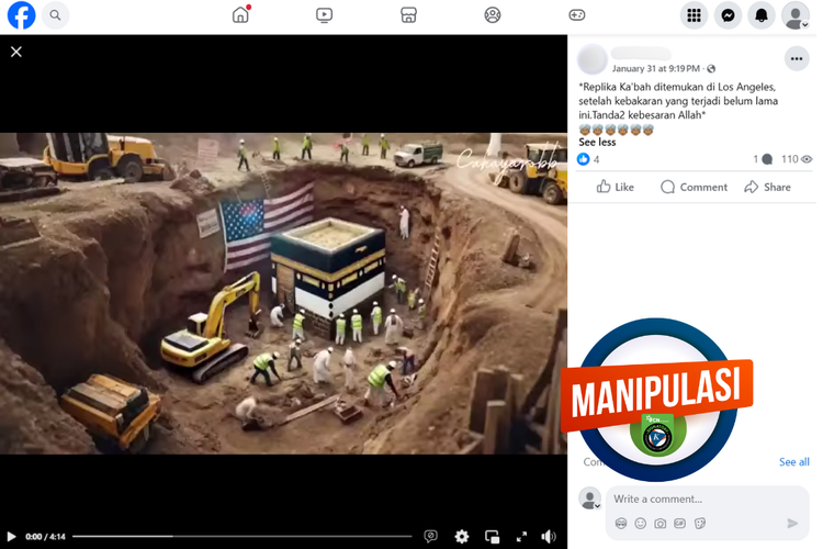 Tangkapan layar konten manipulatif di sebuah akun Facebook, Jumat (31/1/2025), mengenai penemuan replika Kabah di Los Angeles.