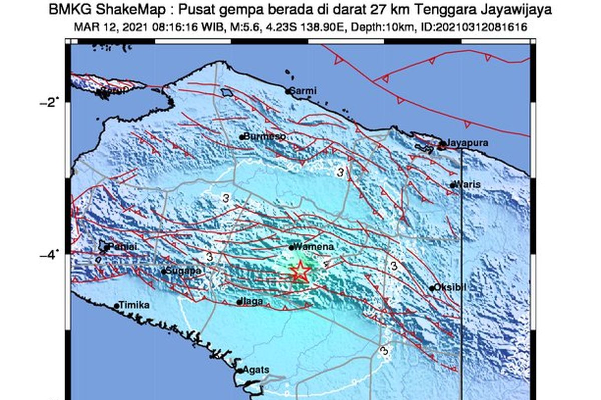 Gempa M 5,6 mengguncang wilayah Wamena pada Jumat, 12 Maret 2021. Pusat gempa di darat, 27 kilometer tenggara Jayawijaya.