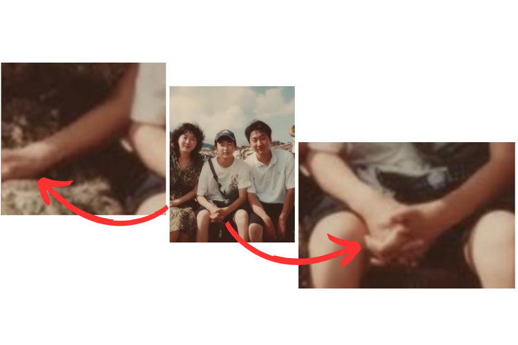 Kejanggalan pada gambar AI dari foto keluarga Yamamoto. Tangan perempuan di sebelah kiri dan anak laki-laki di tengah tampak janggal, mirip kesalahan umum pada konten yang dihasilkan AI.
