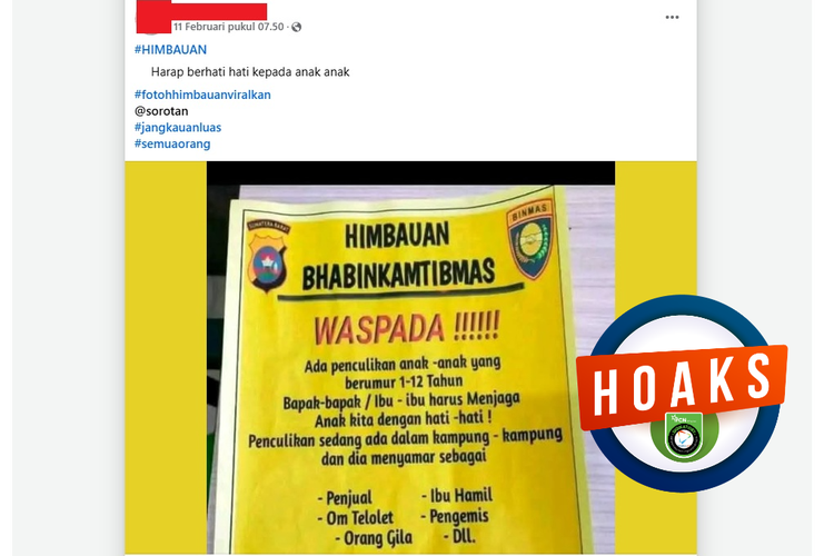 Tangkapan layar Facebook poster peringatan penculikan anak yang diklaim berasal dari Polda Sumbar