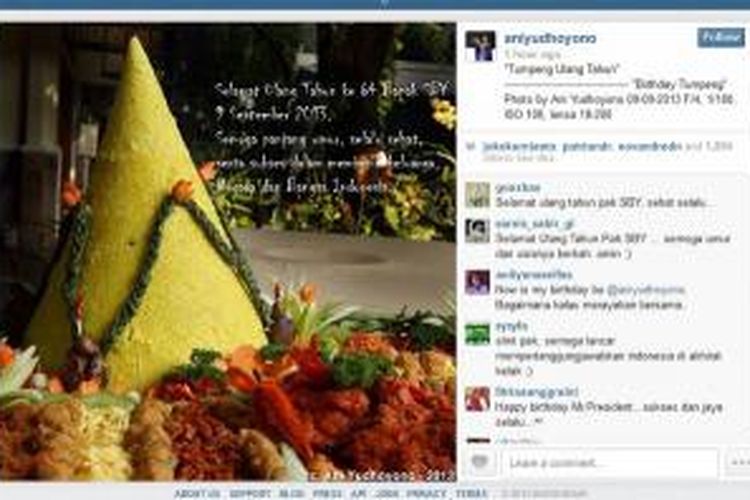 Presiden Susilo Bambang Yudhoyono berulang tahun ke-64, Senin (9/9/2013). Secara khusus, sebuah gambar tumpeng dan ucapan  diunggah istrinya, Ani Yudhoyono, di akun Instagram miliknya.