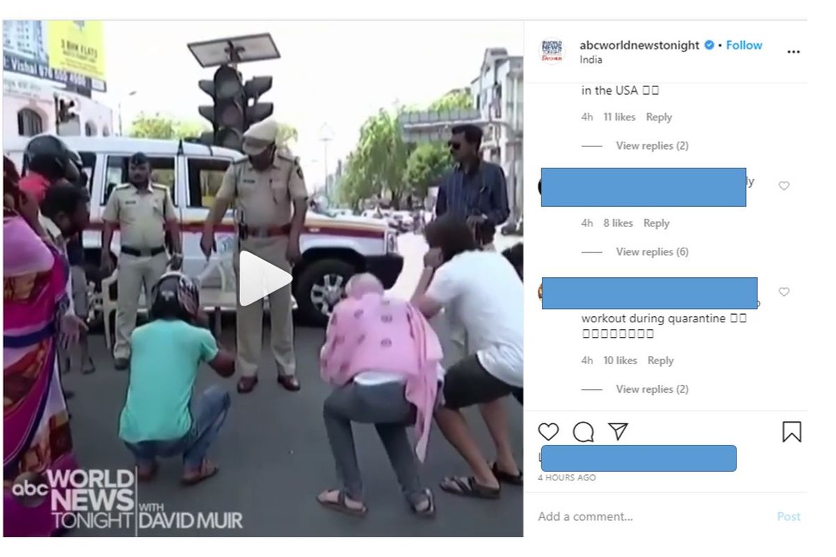 Tangkapan layar video Instagram yang menunjukkan Polisi India menghukum warganya yang melanggar lockdown
