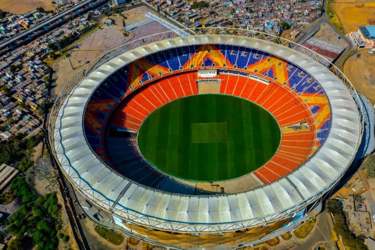 Ilustrasi Stadion Motera di Ahmedabad, India.