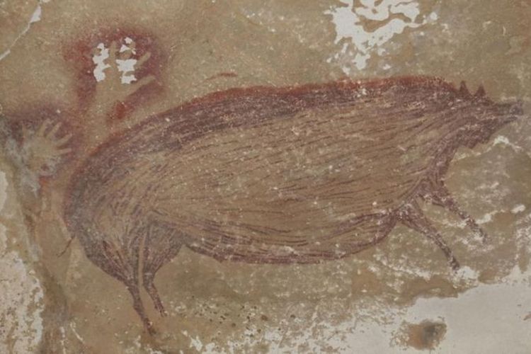 Terdapat dua lukisan tangan di atas punggung babi.