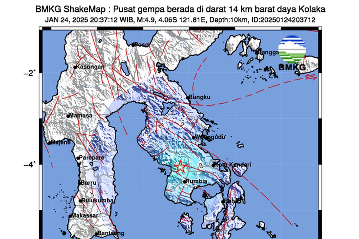 Gempa berkekuatan M 4,9 menguncang Kabupaten Kolaka Timur, Provinsi Sulawesi Tenggara (Sultra), Jumat (24/1/2025) pukul 21.37 Wita.

