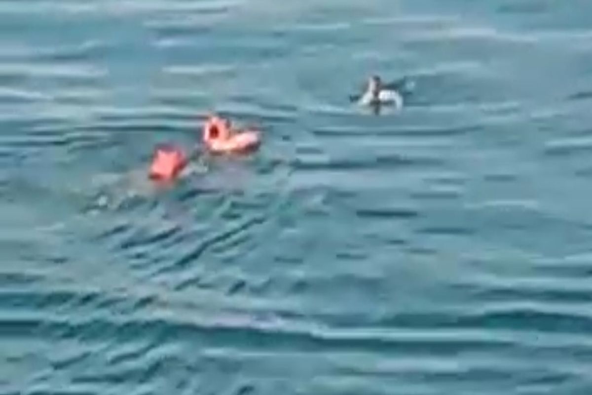 Foto: Petugas anak buah kapal KMP Munggiyango Hulalo ketika membantu santri yang tercebur ke laut pada Kamis (16/3/2023).