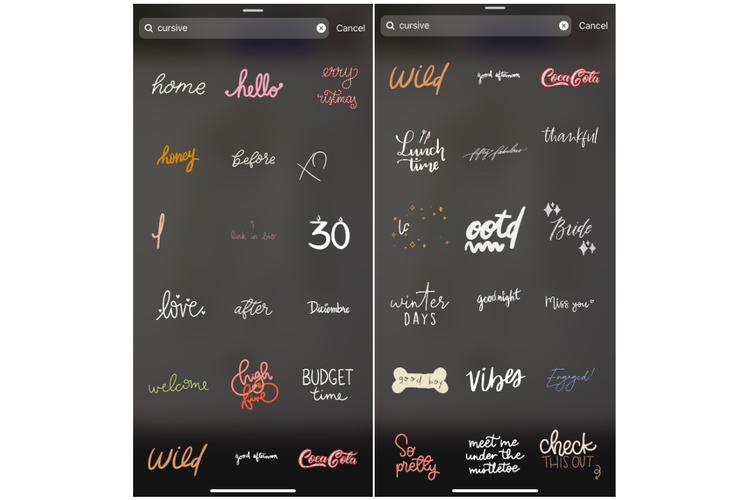 Stiker Cursive di Instagram.