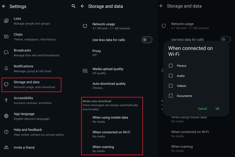 Cara mematikan fitur auto-download media di WA.
