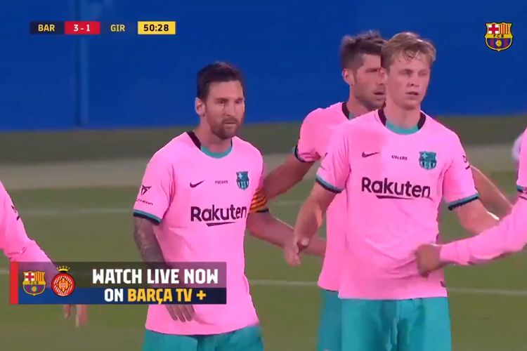 Lionel Messi dan para pemain Barcelona merayakan gol ketiga ke gawang Girona pada laga persahabatan di Stadion Johan Cruyff, Barcelona, pada Kamis (17/9/2020) dini hari WIB.