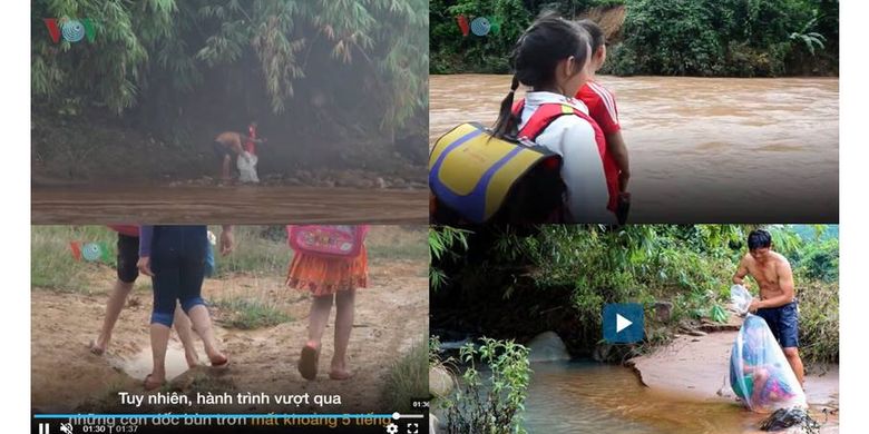 Potret lain keadaan anak-anak yang dimasukkan ke dalam plastik dan diantar ke sekolah menyebrangi sungai