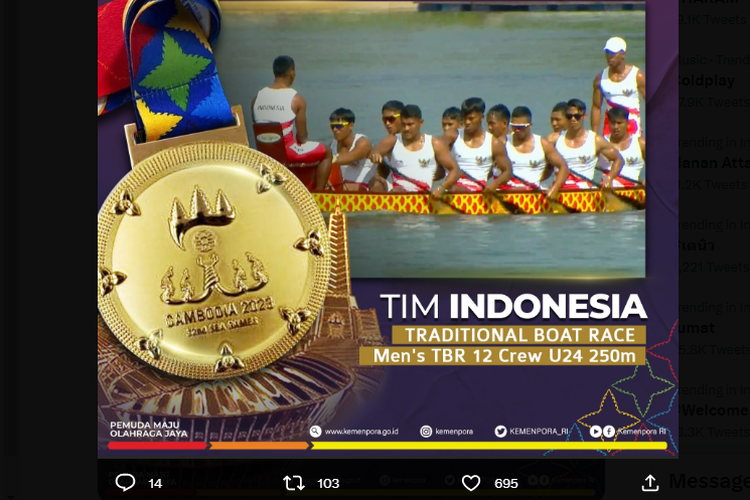 Tangkapan layar Twitter @KEMENPORA_RI yang memuat pengumuman prestasi tim putra traditional boat race Indonesia dalam ajang SEA Games 2023.