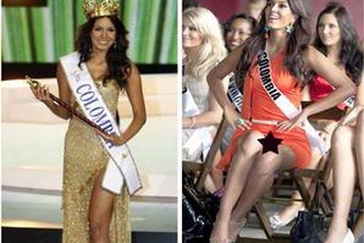 Catalina Robayo ketika meraih gelar Miss Colombia 2010 (kiri), dan ketika muncul dalam penampilan resmi Miss Universe di Sao Paulo, Senin (5/9/2011) lalu.
