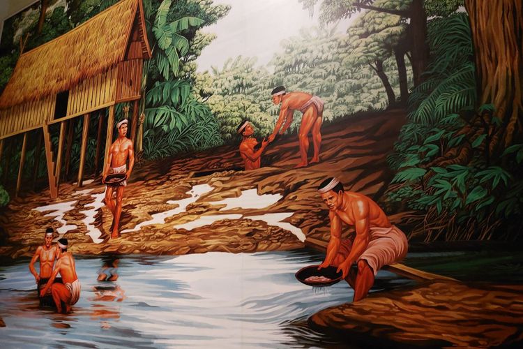 Lukisan penambangan timah tradisional di masa lalu yang ada di Museum Timah Muntok, Bangka Barat.
