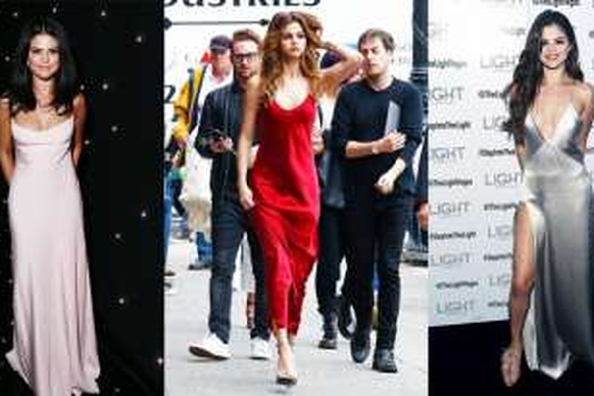 Selena Gomez mengenakan gaun slip dress dalam sejumlah acara formal. 