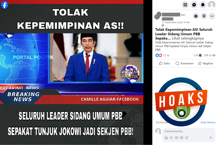 Tangkapan layar unggahan dengan narasi hoaks di sebuah akun Facebook, Kamis (21/9/2023), yang menyebut para pemimpin dunia sepakat menunjuk Jokowi sebagai Sekjen PBB.