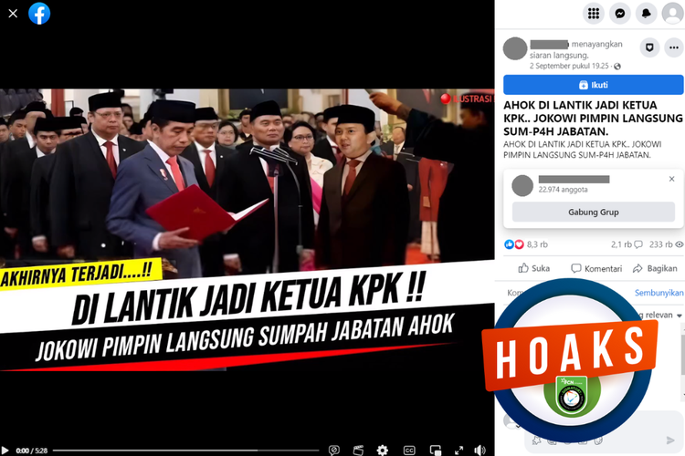 Tangkapan layar konten hoaks di sebuah akun Facebook, Sabtu (2/9/2023), yang menyebut Ahok dilantik menjadi ketua KPK oleh Jokowi.