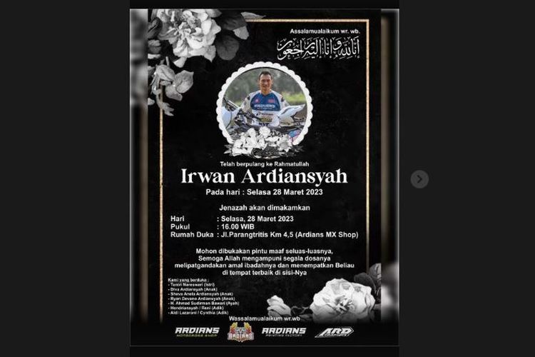 Unggahan story Instagram Irwan Ardiansyah. Irwan Ardiansyah meninggal dunia pada Selasa (28/3/2023) sore WIB. (Sumber foto: tangkapan layar Instagram irwanardiansyah_official)