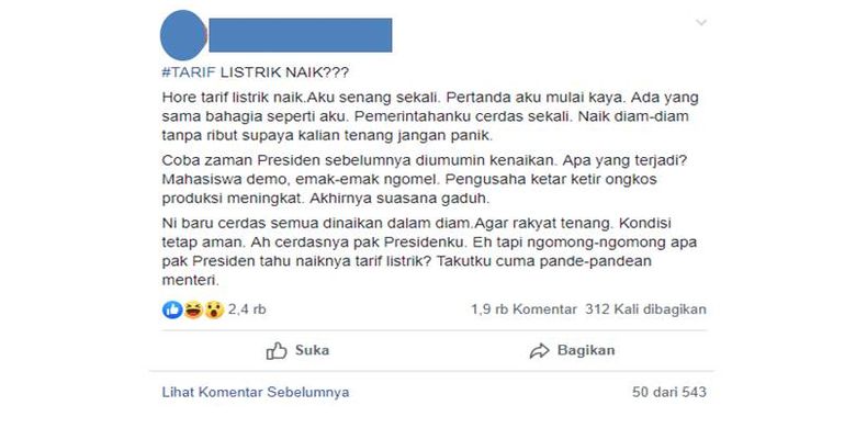 Tangkapan layar mengenai postingan salah satu akun di media sosial Facebook terkait isu kenaikan tarif tenaga listrik.