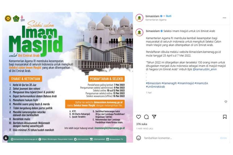 Tangkapan layar unggahan Instagram Kementerian Agama tentang Seleksi Imam Masjid