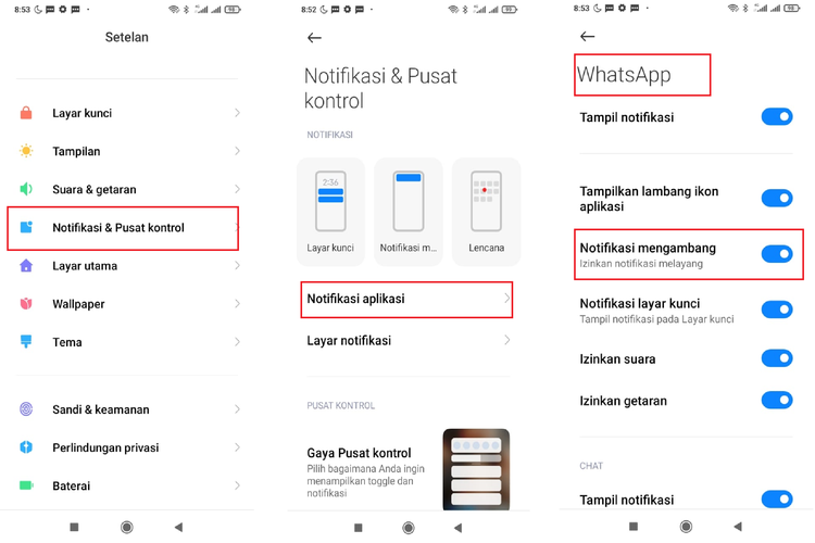 Ilustrasi cara menampilkan notifikasi WA di atas layar lewat menu pengaturan HP.