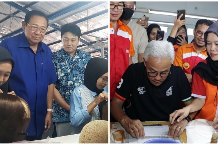 Kolase foto calon Presiden Nomor Urut 3, Ganjar Pranowo dan Majelis Tinggi Partai Demokrat, Susilo Bambang Yudhoyono mengunjungi sejumlah pabrik di Purbalingga, Jawa Tengah, Senin (15/1/2024).