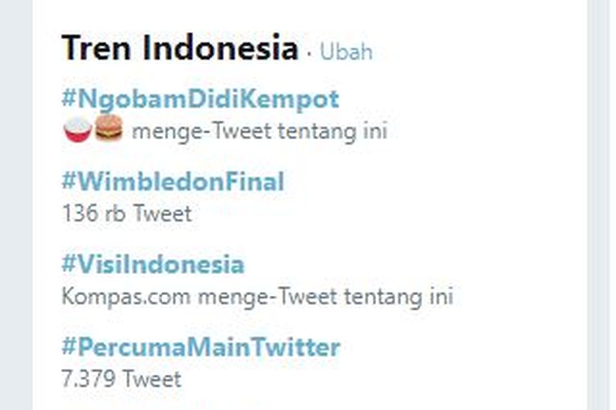 #NgobamDidiKempot Trending Topic Twitter Indonesia nomor 1, Senin (15/7/2019) dini hari.