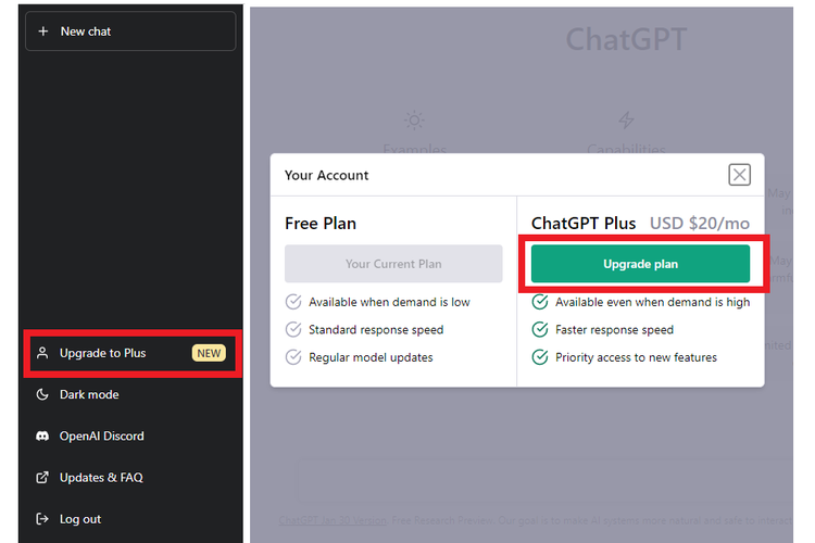 Cara berlangganan ChatGPT Plus di Indonesia. Pengguna ChatGPT gratis bisa melakukan upgrade dengan cara mengakses laman ChatGPT, lalu mengeklik opsi Upgrade to Plus.