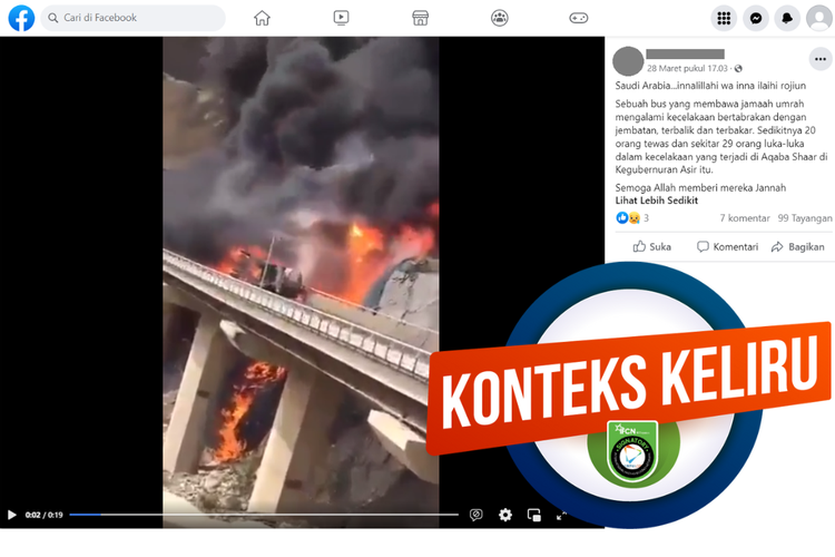 Tangkapan layar unggahan dengan konteks keliru di sebuah akun Facebook, 28 Maret 2023, soal video kecelakaan bus jemaah umrah menewaskan 20 orang.