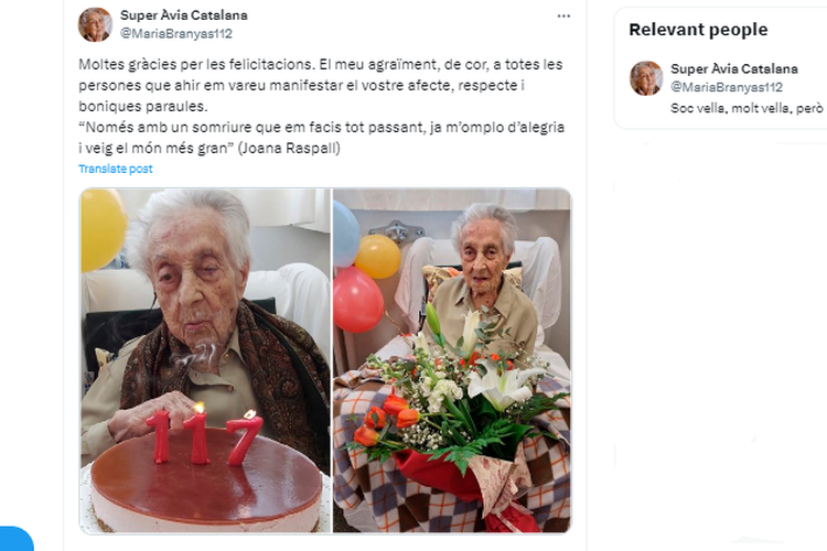 Tangkapan layar unggahan X orang tertua di dunia, Maria Branyas Morera, yang merayakan ulang tahun ke-117 pada 4 Februari 2024